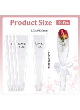 50 Packaging Bags for Single Roses Bulk Pack White Plastic Flowers Roses Carnations Bouquet Sleeve Bag Wrapping Paper for Mother's Day Valentine's Day Wedding Birthday Party - view 3